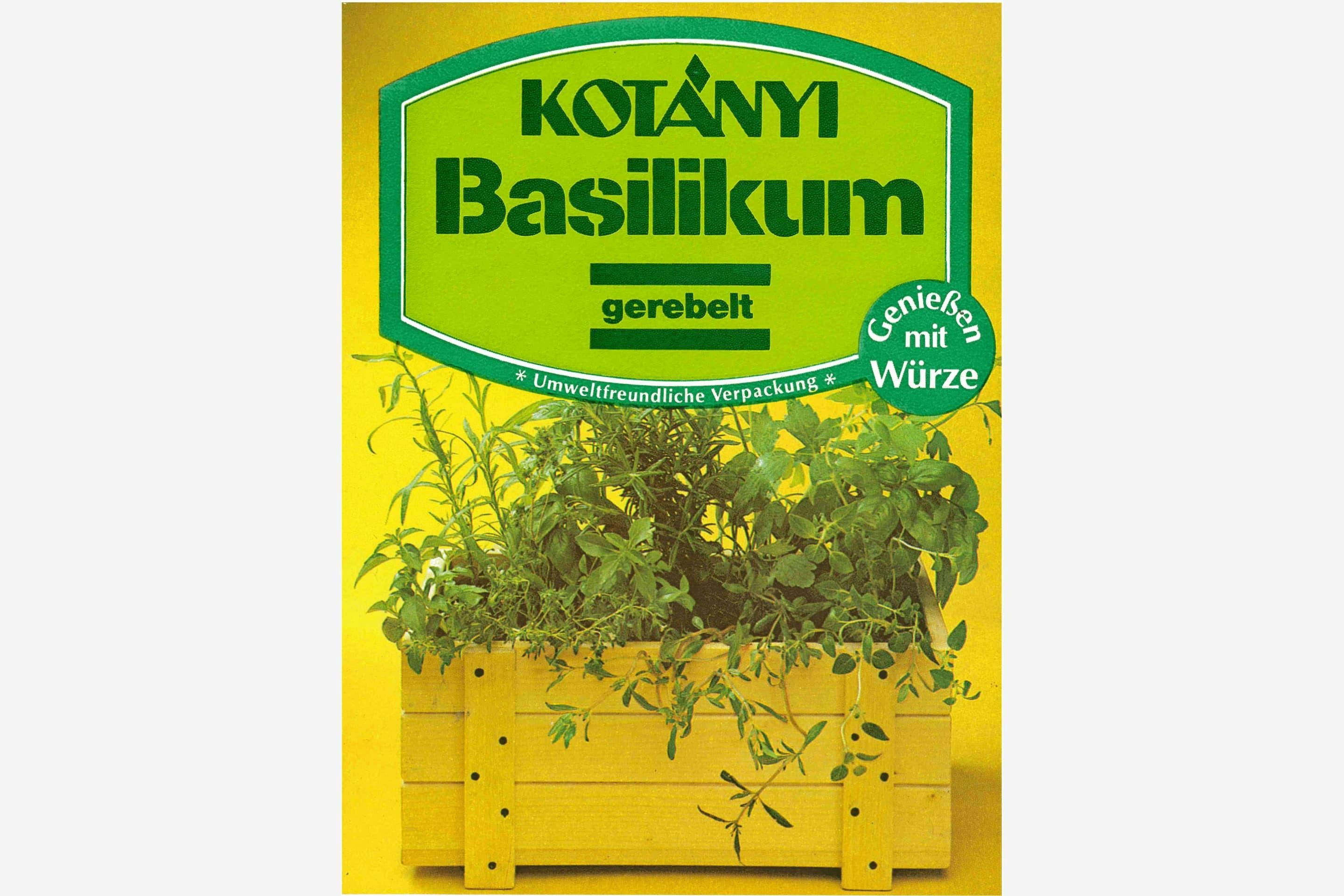 Ekološki prihvatljivo pakovanje Kotányi bosiljka iz 80-ih godina XX veka.