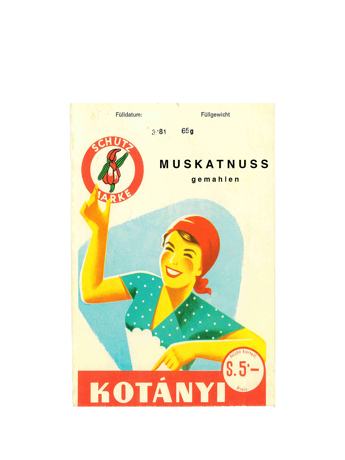 Kesica Kotányi muskatnog oraščića iz 50-ih godina XX veka.
